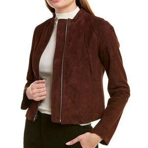 Vince Women's Cropped Zip-Front Suede Moto Jacket Lamb Leather Size 2